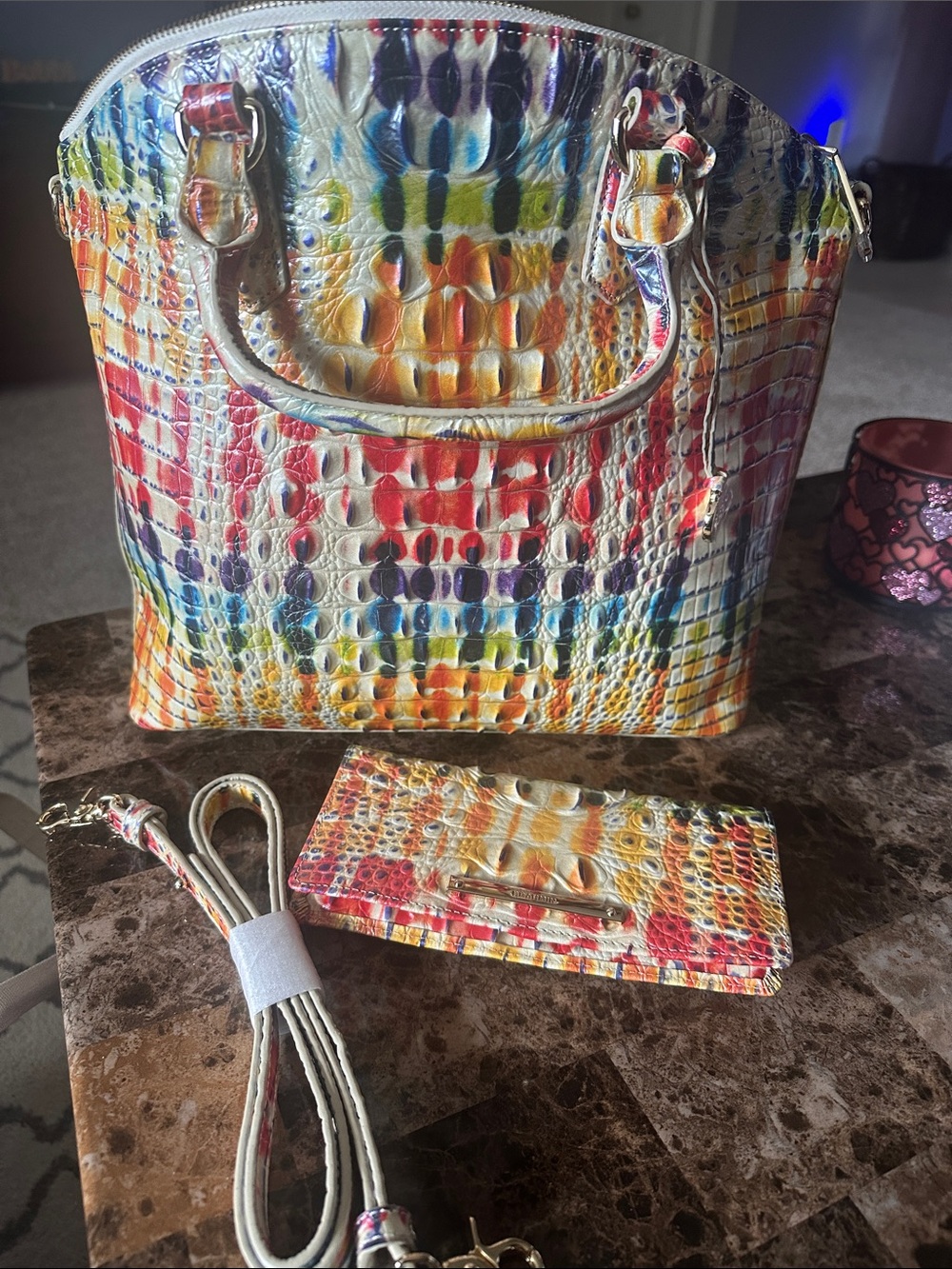 Brahmin Multicolor Croc-Embossed Dome Satchel with Matching Wallet and strap